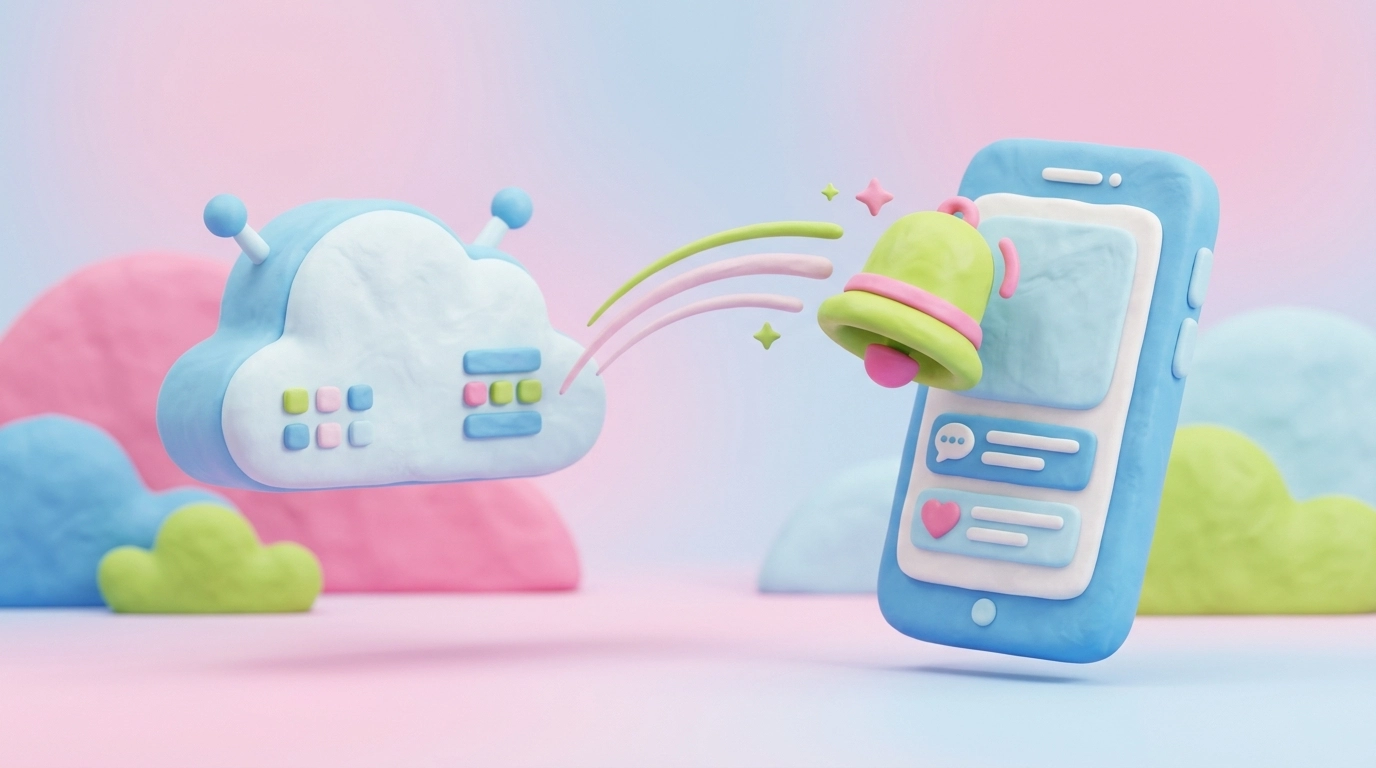 Illustration of a website transforming into a native mobile app with a glowing push notification traveling from a cloud messaging server to a phone lock screen